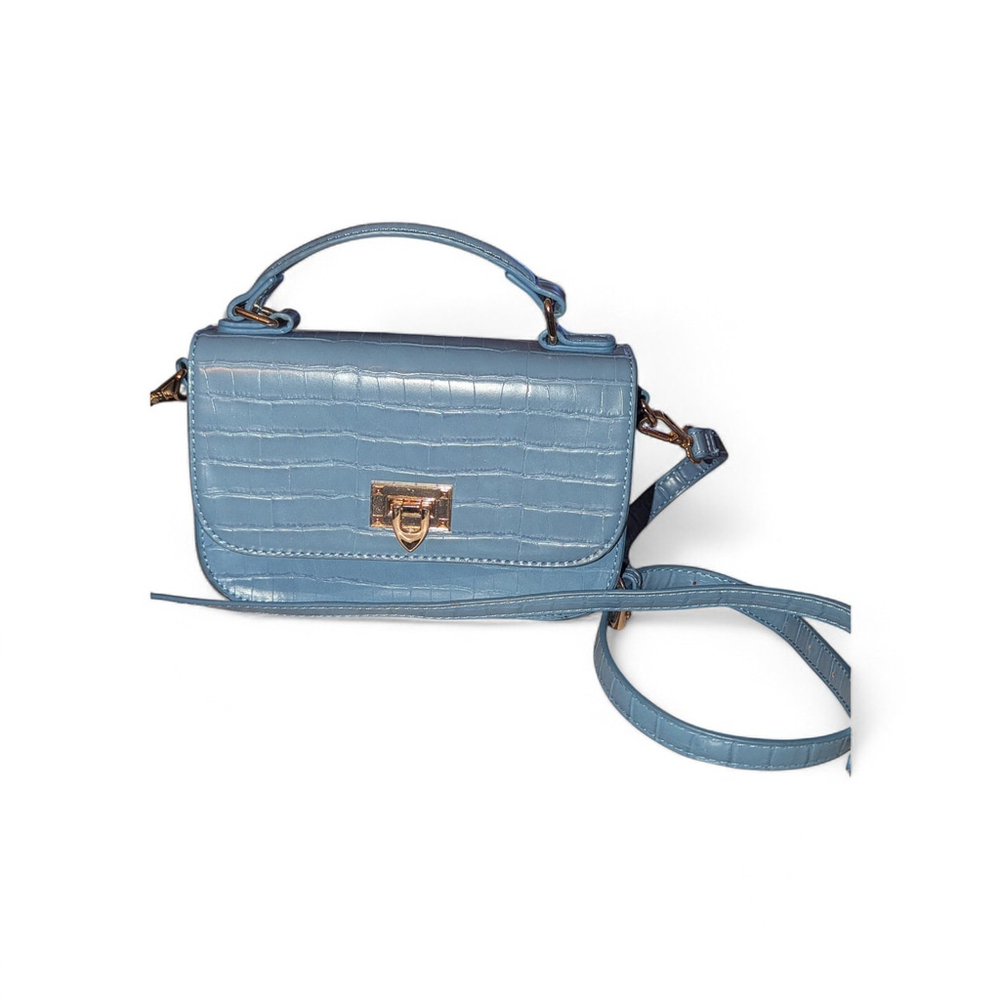 Madison West Blue Croc Embossed Crossbody Bag Top Handle Purse Gold Tone Hardwar